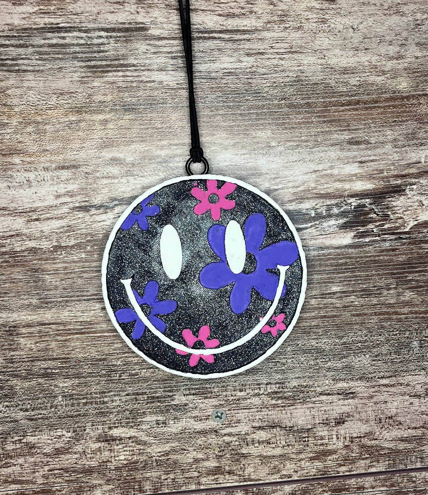 Floral Smiley Face Black Car Freshie