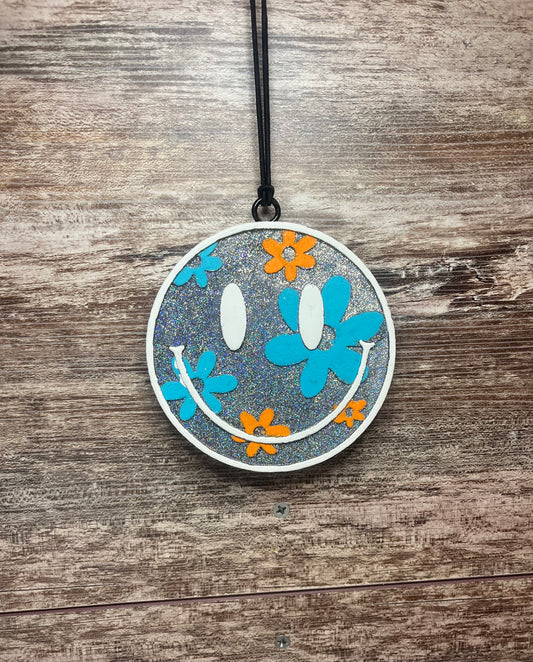 Floral Smiley Face Silver B/G Car Freshie